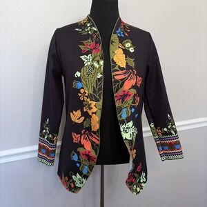 Misslook Floral Boho Jacket Women Small Black Open Cotton Blend Wearable Art